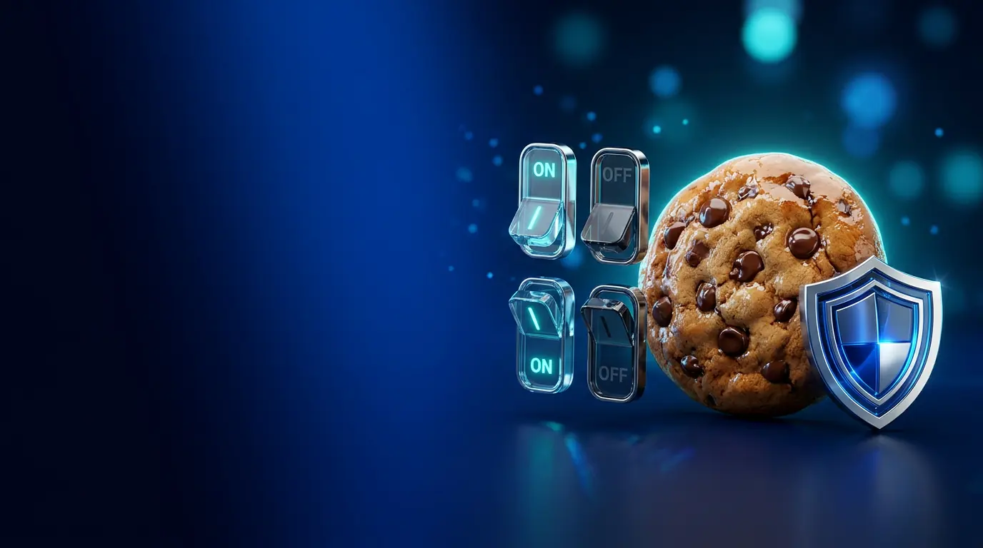 Cookie beside consent toggle switches and a shield