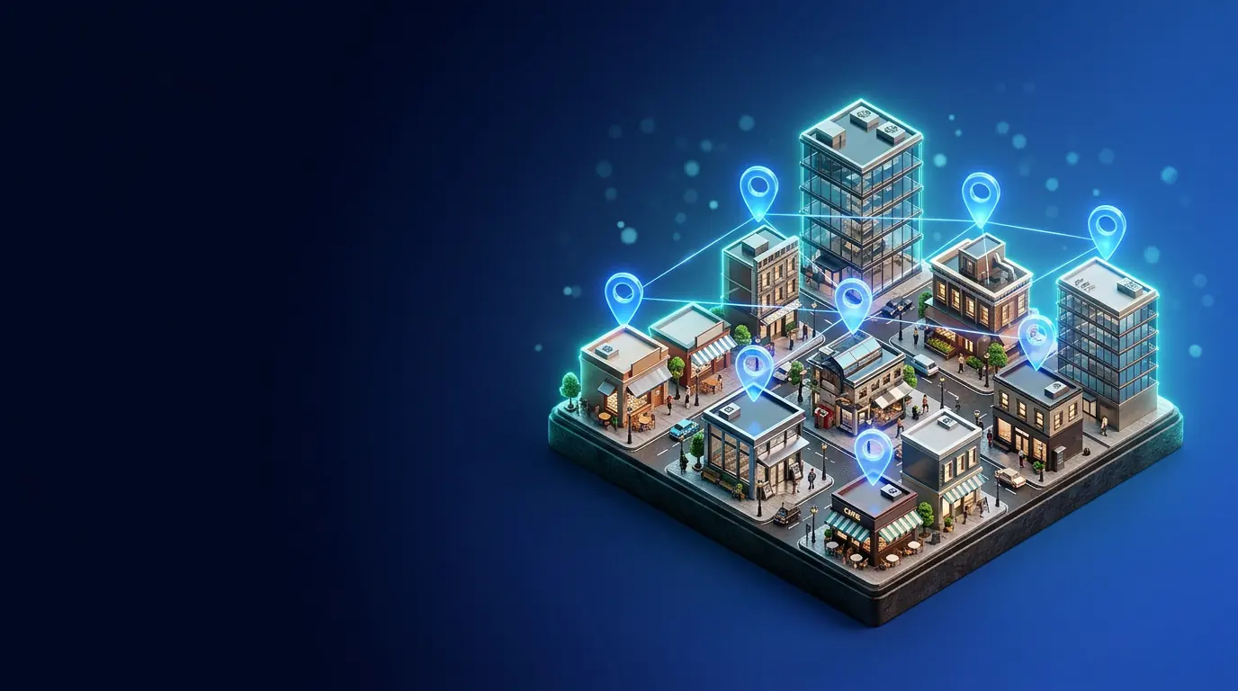Miniature city block with glowing location pins over local businesses