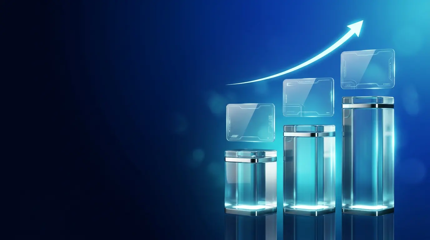 Glass pricing tiers rising with a glowing growth arrow
