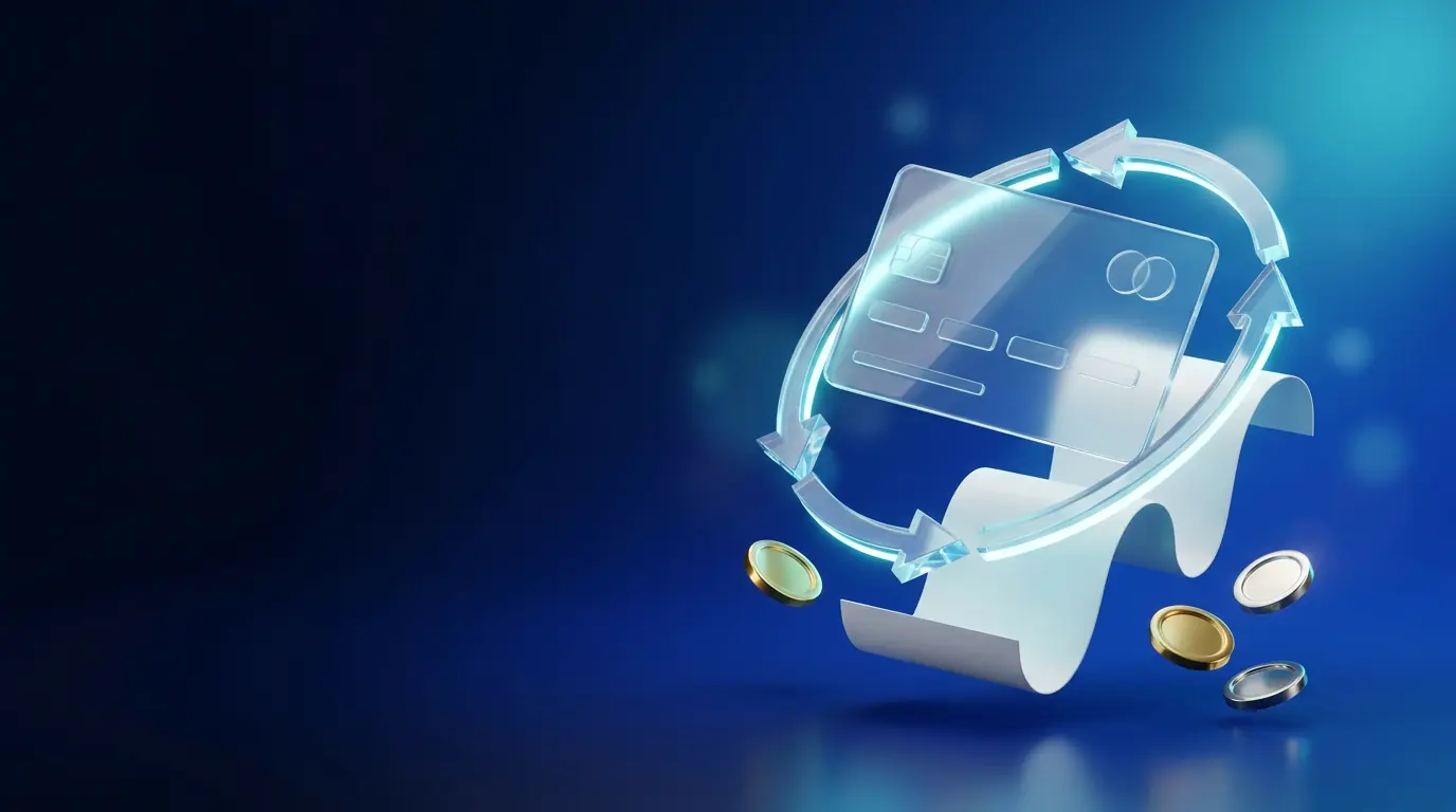 Payment card and receipt circled by a glowing arrow
