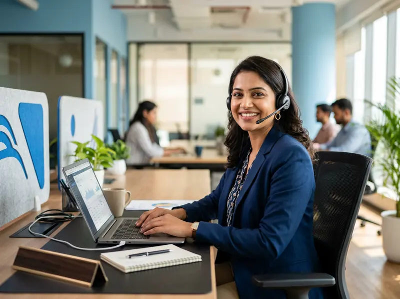 Smiling Web Globals support executive with a headset at her desk
