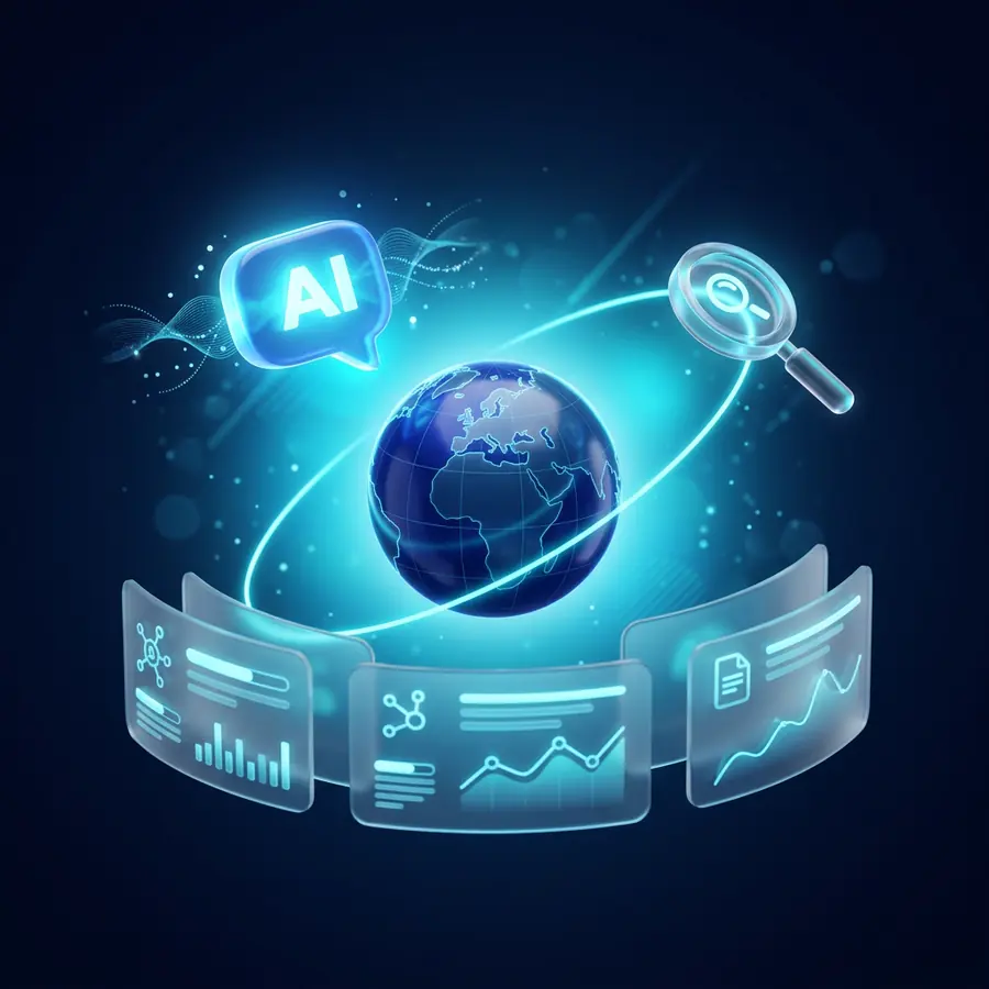 Illustration of an AI chat bubble and search lens orbiting a glowing globe with search result cards