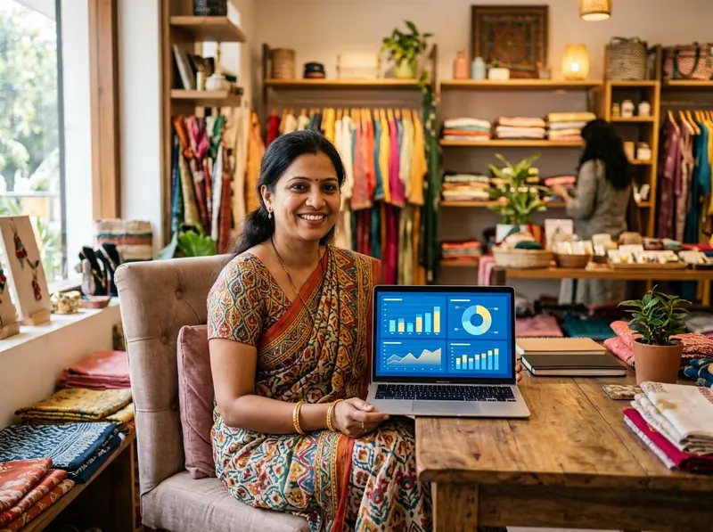 Boutique owner holding a laptop showing her business dashboard